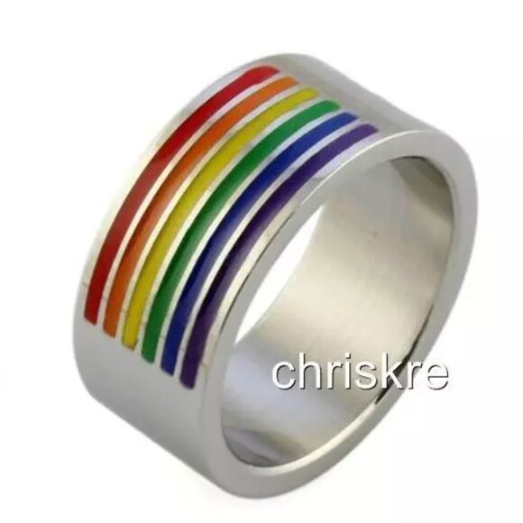 Rainbow Stainless Steel Ring Band Size 11 12 Gay Pride LGBTQ Mens Womens Silver - Picture 1 of 2